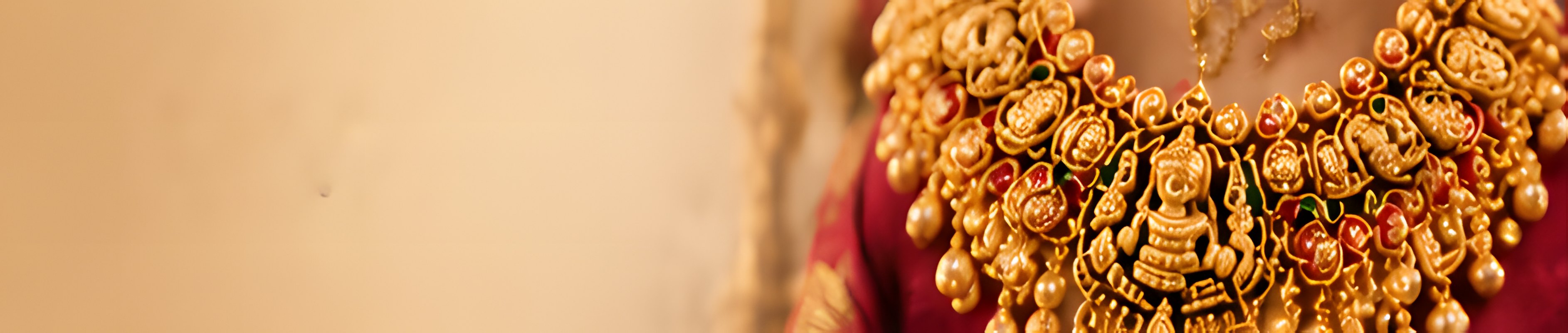 Close-up of a Lakshmi temple gold necklace on a bride