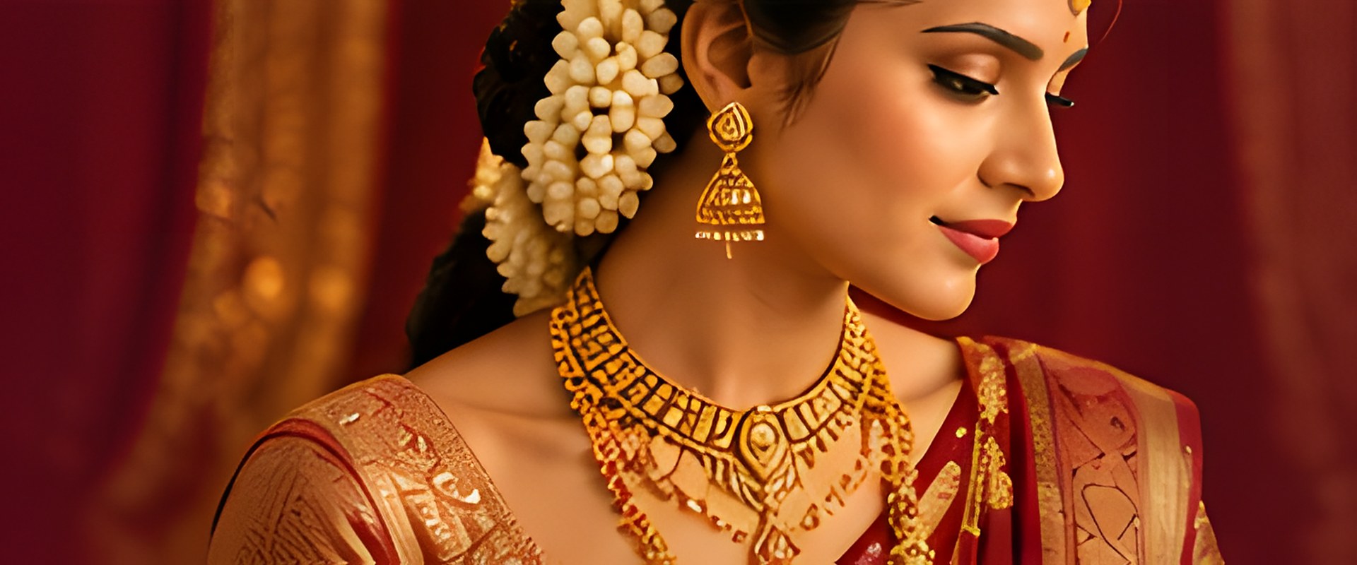 Bride wearing layered gold necklaces with jasmine in her hair