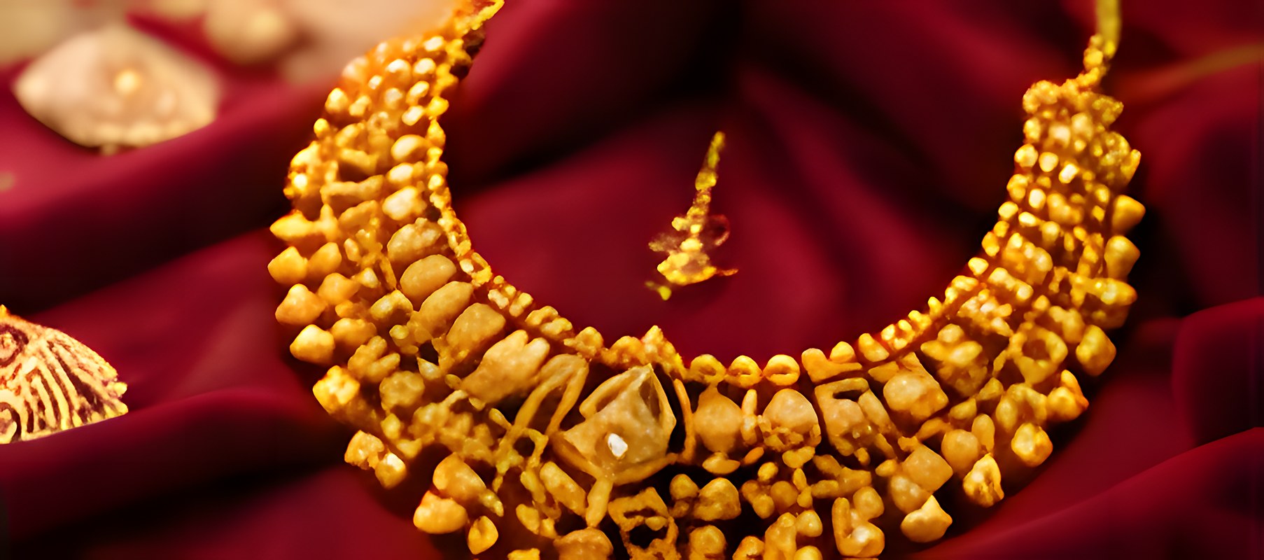 Bridal gold necklace with temple motifs on red velvet