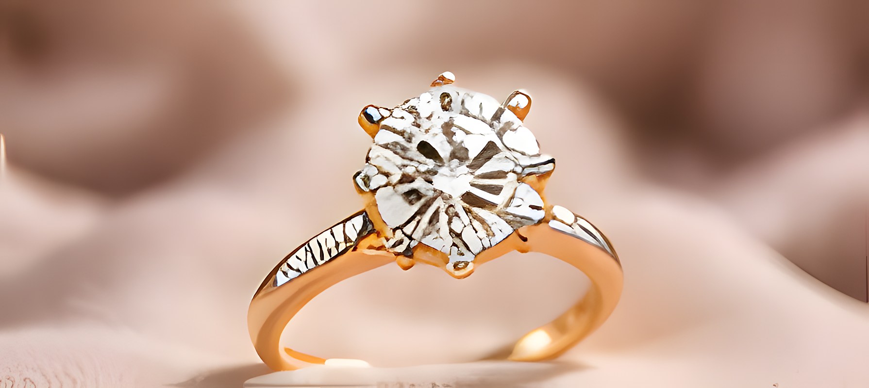 Solitaire diamond engagement ring in yellow gold on blush silk