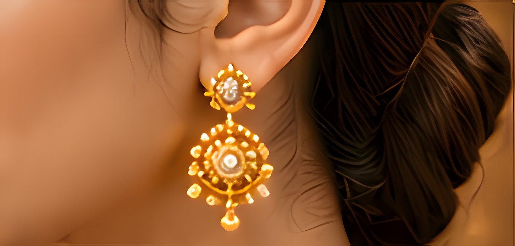 Woman wearing a delicate gold drop earring with a low bun