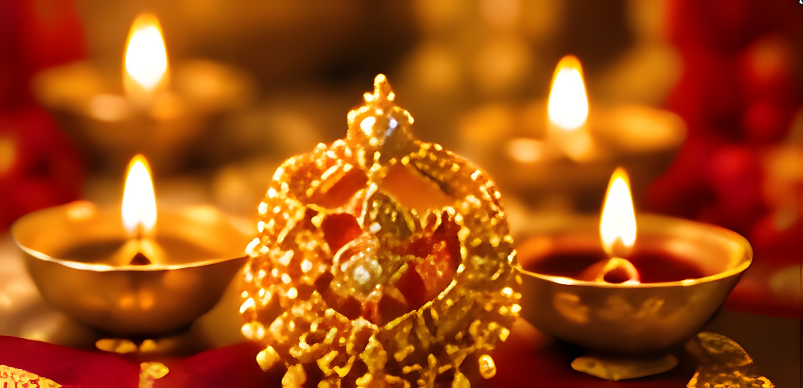 Gold pendant surrounded by glowing diyas for Diwali