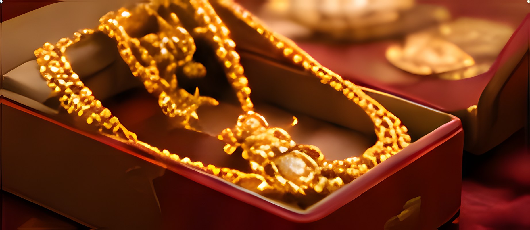Gold necklace set resting in a red jewellery box