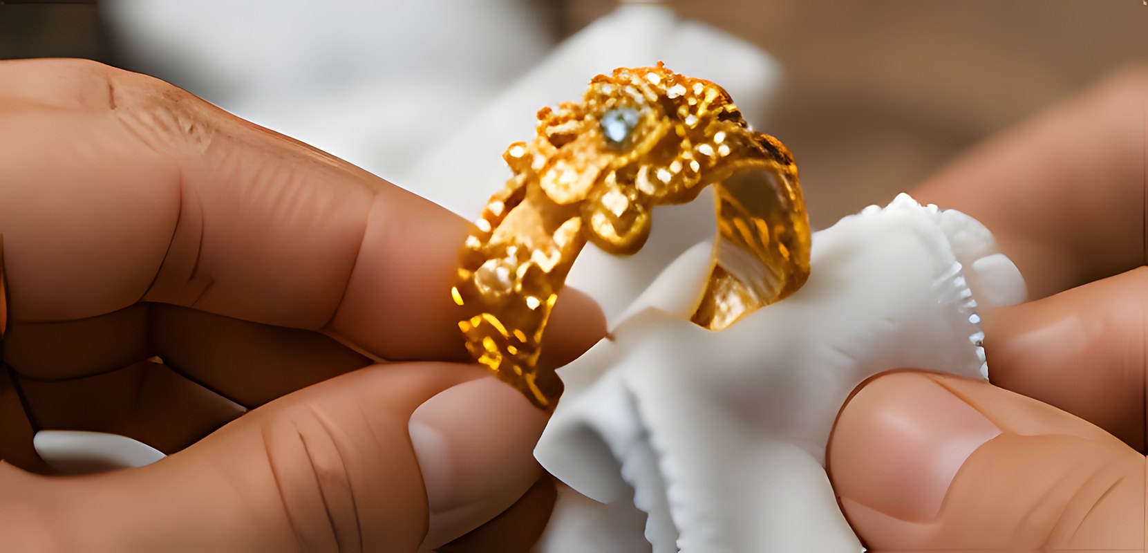 Hands polishing a gold ring with a soft white cloth