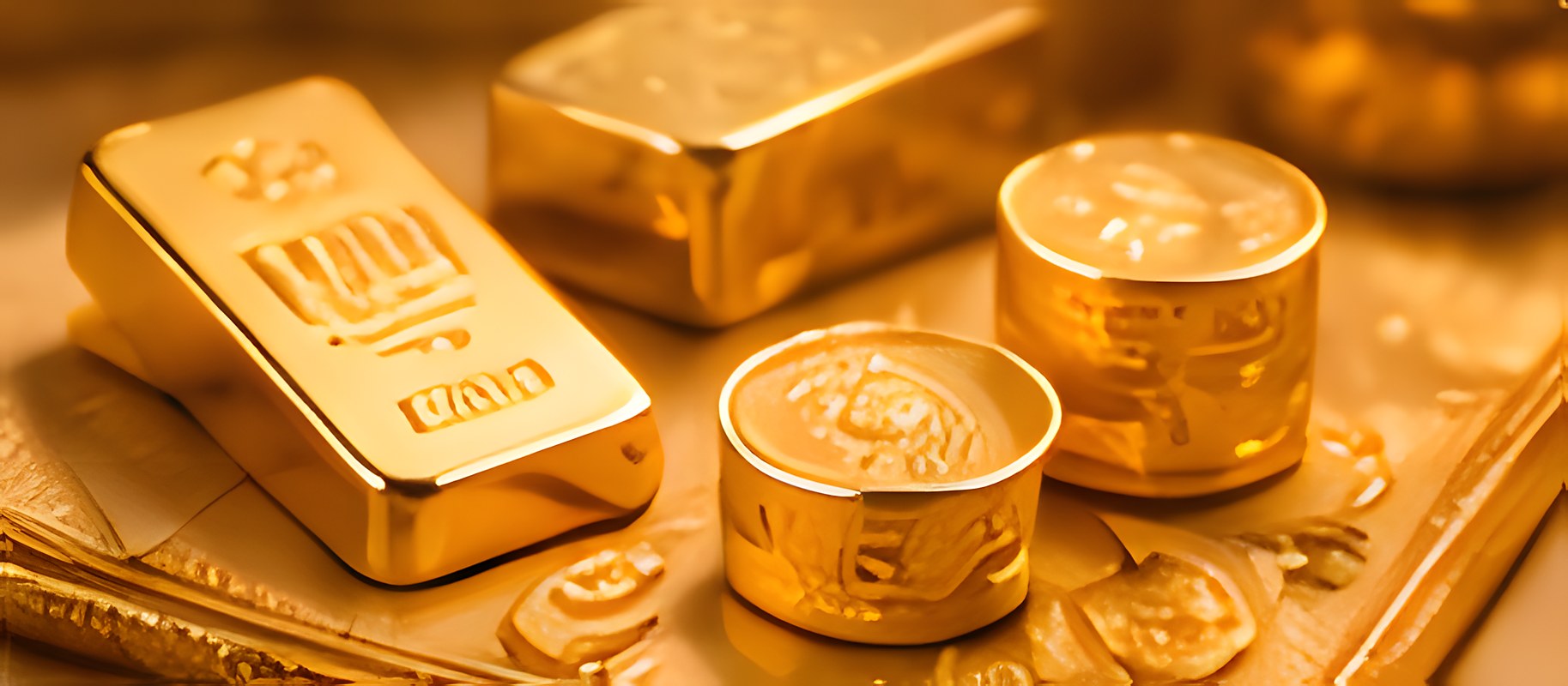 Gold bars and coins on an embroidered gold cloth