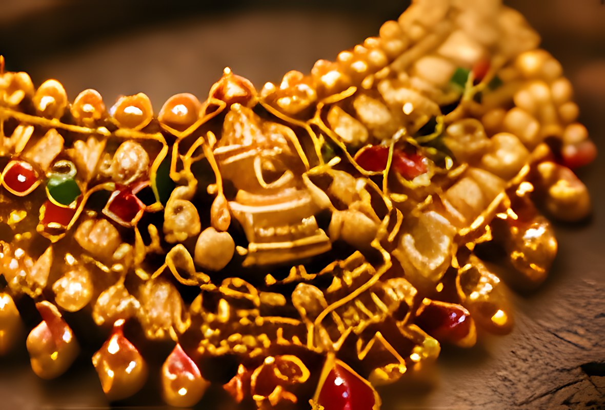 Close-up of a gold necklace set with rubies and pearl drops