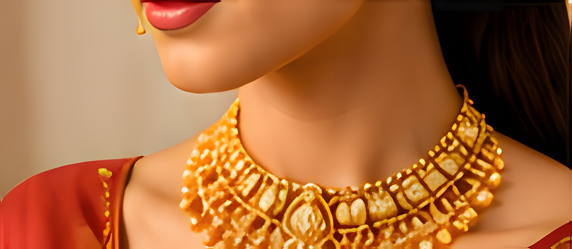 Woman wearing an intricate gold choker necklace