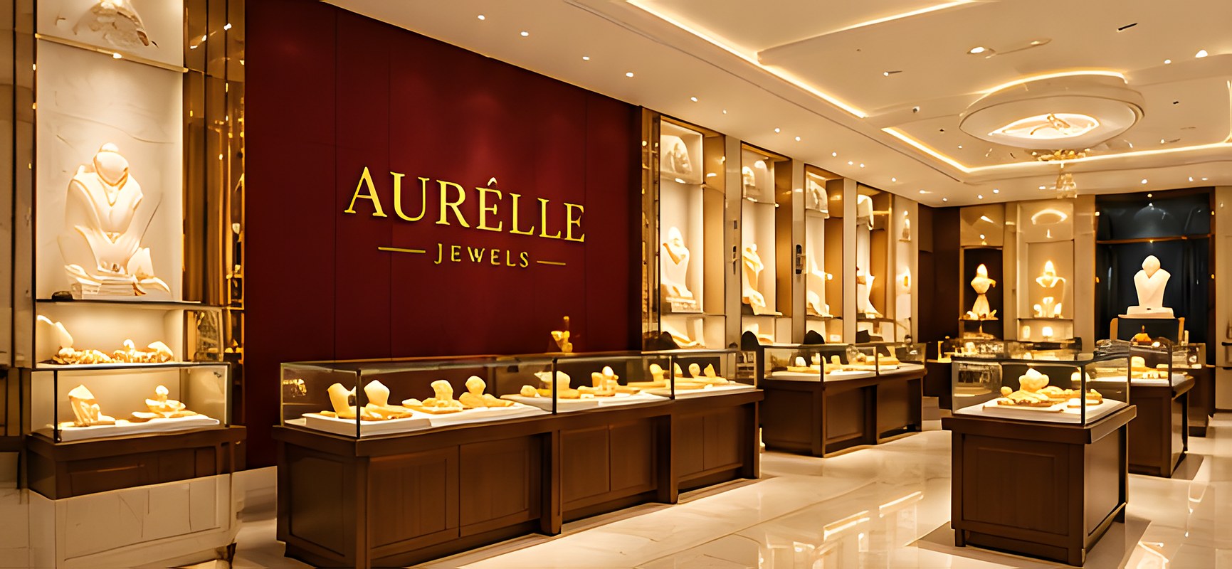 Interior of the Aurélle Jewels showroom with display cases