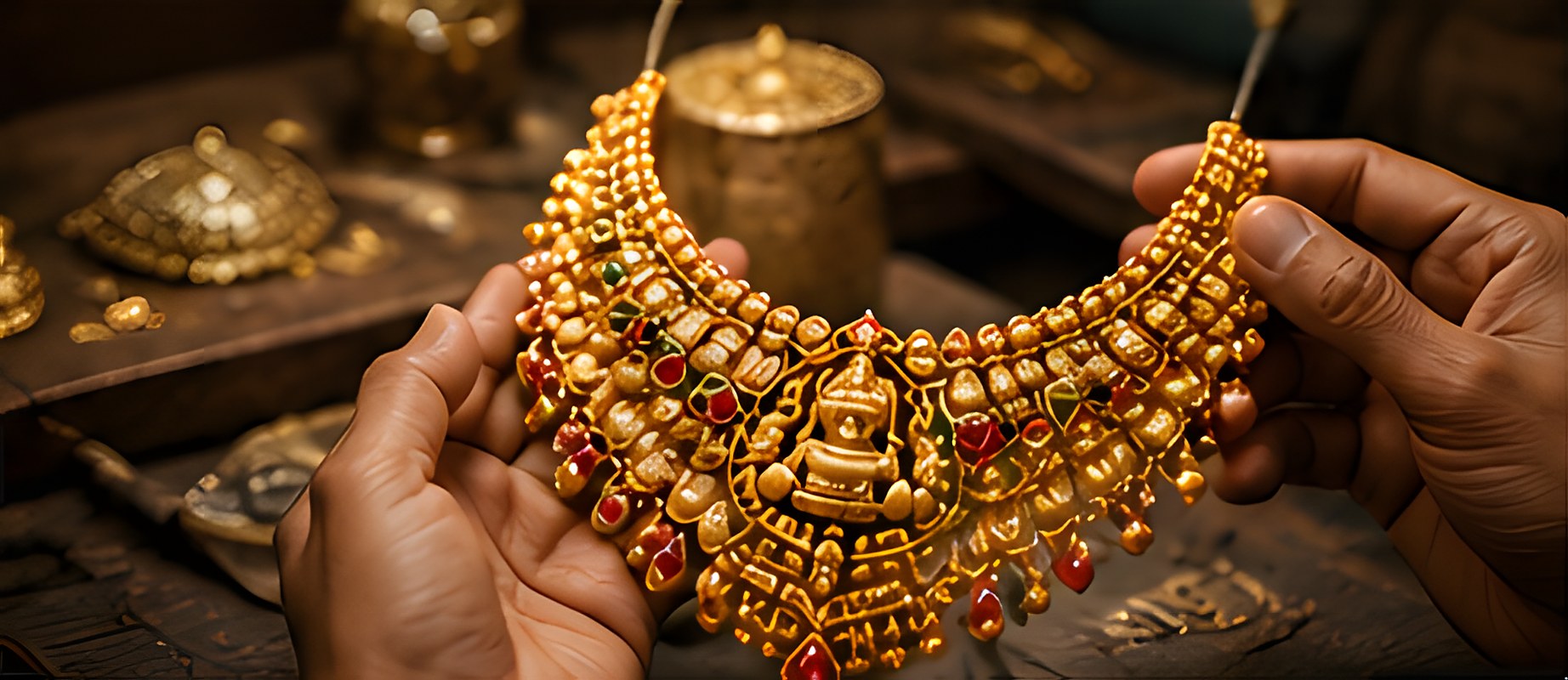 Artisan hands holding a handcrafted temple gold necklace with rubies