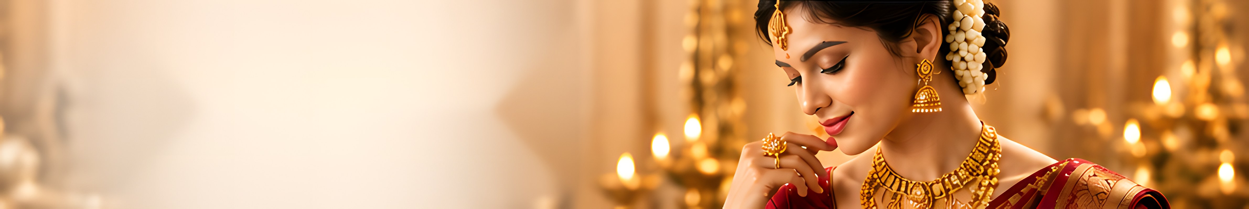 Woman in a gold temple necklace and jhumkas, lit by diyas