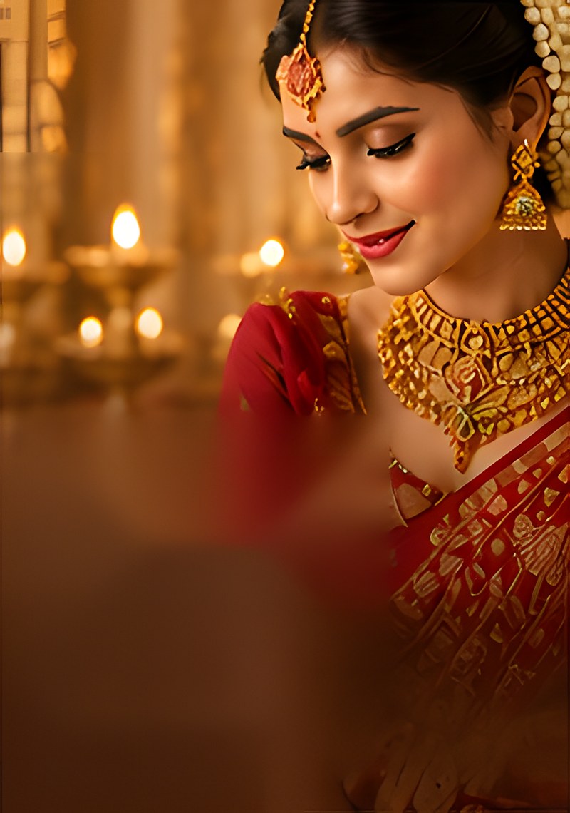 Bride in a red saree wearing a gold choker and jhumkas