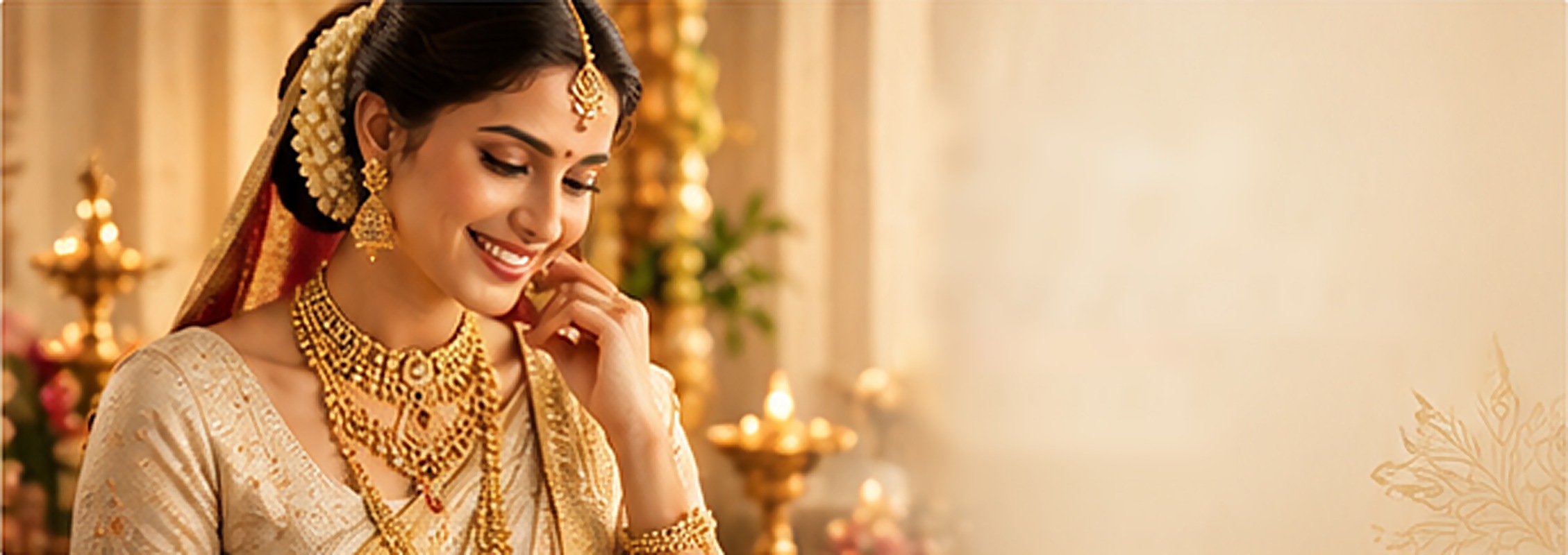 Smiling woman in ivory saree with layered gold necklaces