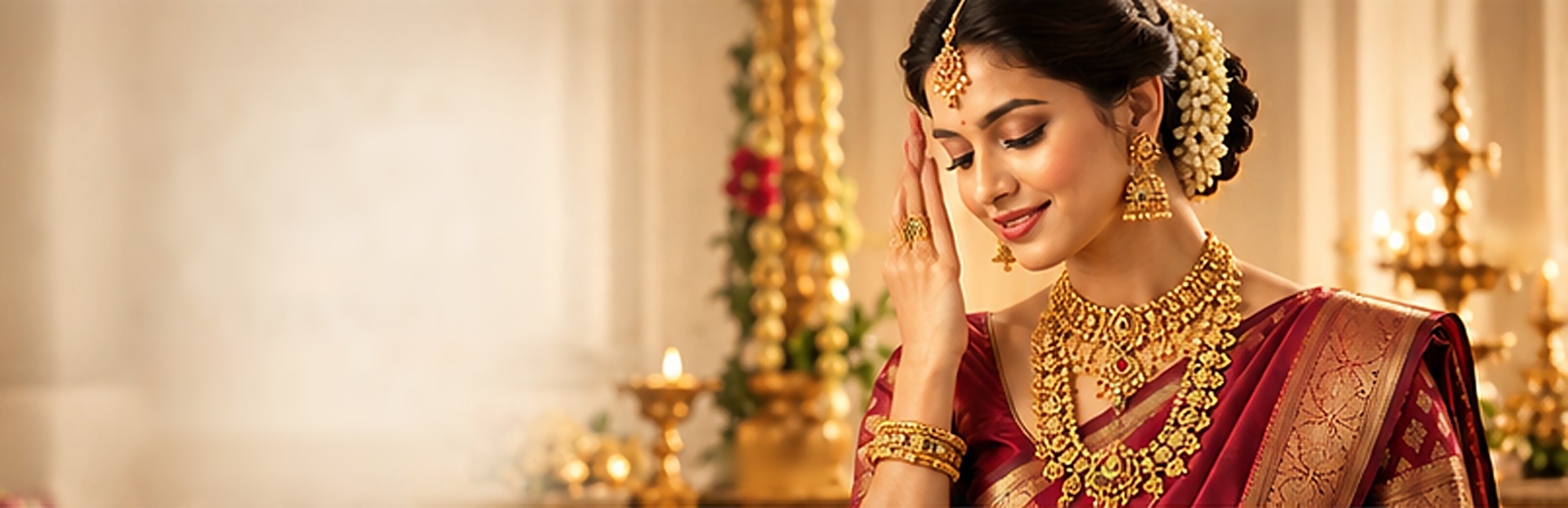 Bride wearing an antique gold necklace set and jhumkas